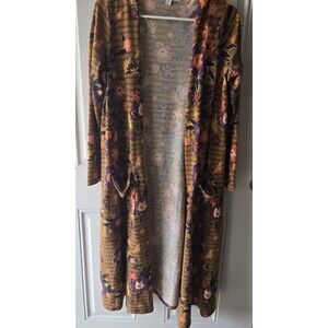 Lularoe Sarah Duster Open Long Cardigan Sweater Floral Brown Stripe Medium